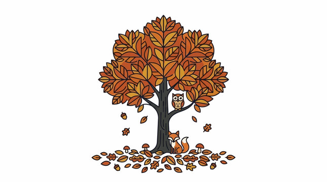 Illustration vectorielle d'un arbre d'automne stylis&eacute; avec un hibou sur une branche et un renard roux assis au pied parmi les feuilles mortes.