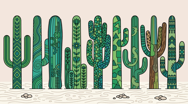 Uma fileira de cactos estilizados com padr&otilde;es geom&eacute;tricos e org&acirc;nicos em tons de verde vibrantes, ilustrando a beleza bot&acirc;nica do deserto com um toque art&iacute;stico e decorativo.