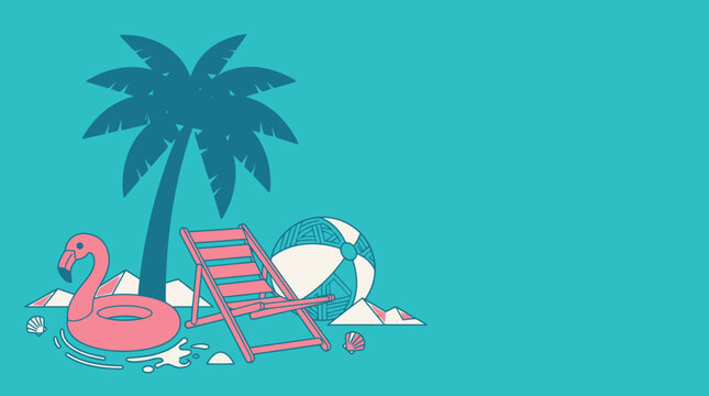 Ilustra&ccedil;&atilde;o minimalista de uma cena de praia com boia de flamingo, cadeira e bola sob um coqueiro, ideal para promo&ccedil;&otilde;es de ver&atilde;o e fundos de m&iacute;dia social.