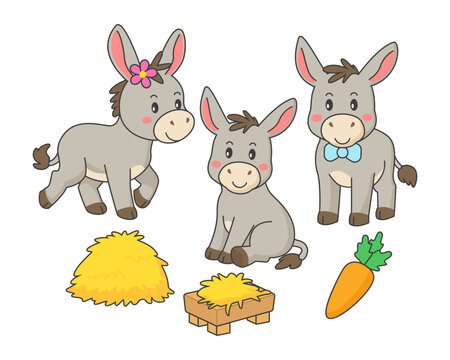 Cartoon family of donkeys with a child, mom donkey and donkey dad. Cute donkey with parents and food. Funny donkeys ​​family isolated on white background.