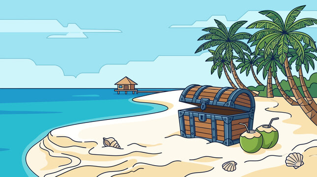 Ilustra&ccedil;&atilde;o vetorial de um ba&uacute; de tesouro aberto e cocos verdes em uma praia tropical paradis&iacute;aca com palmeiras, mar azul e um bangal&ocirc; sobre a &aacute;gua.