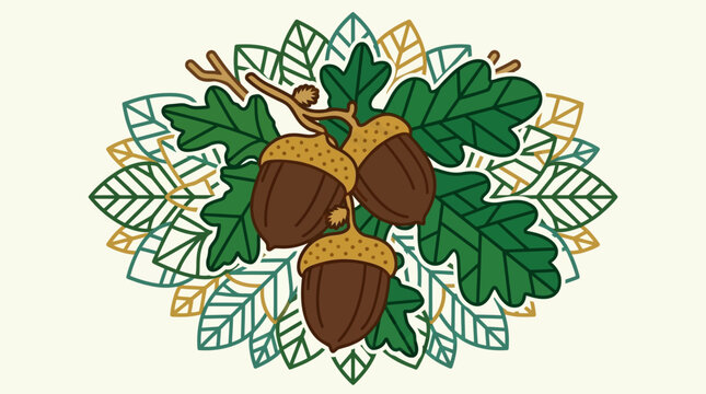 Ilustra&ccedil;&atilde;o vetorial de bolotas marrons e folhas de carvalho verdes em um galho, com um padr&atilde;o circular de folhagem no fundo, evocando a natureza e o outono.