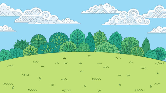 Ilustra&ccedil;&atilde;o vetorial vibrante de um campo verde e colinas suaves, com &aacute;rvores frondosas sob um c&eacute;u azul claro e nuvens brancas estilizadas, ideal para design infantil e fundos gr&aacute;ficos.