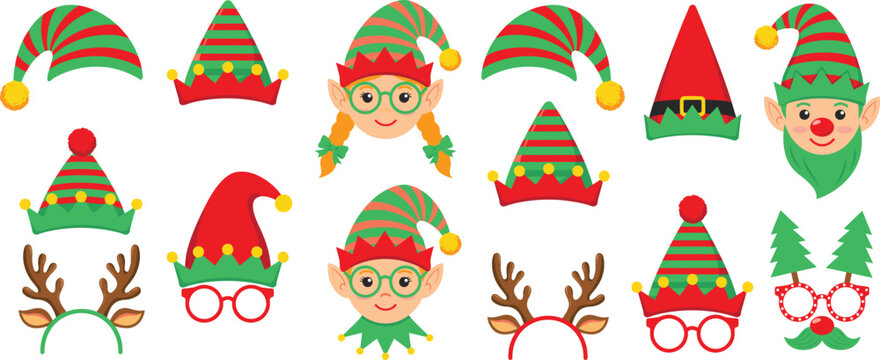 Christmas elf hats and party props vector set. Festive holiday photo booth accessories. Funny winter glasses collection.