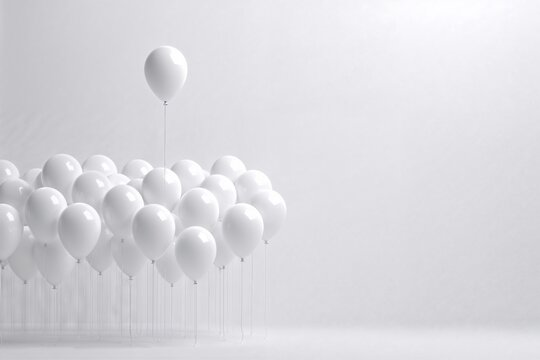 Premium minimalist background with copy space. One white balloon rising above others, symbolizing leadership, growth, individuality and standing out from the crowd.