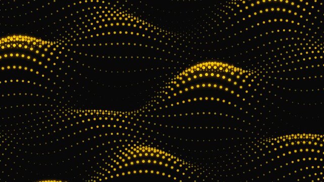 Luxury abstract background animation featuring glowing golden dot particle waves rolling smoothly across a dark backdrop, perfect elegant loop template for premium presentation designs