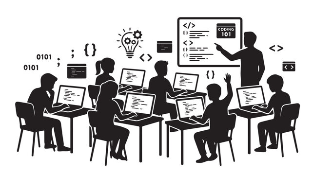 Students learn computer programming in a modern classroom setting with digital technology tools.
