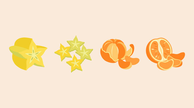 Colorful flat illustration of sliced starfruit and peeled oranges on pastel background