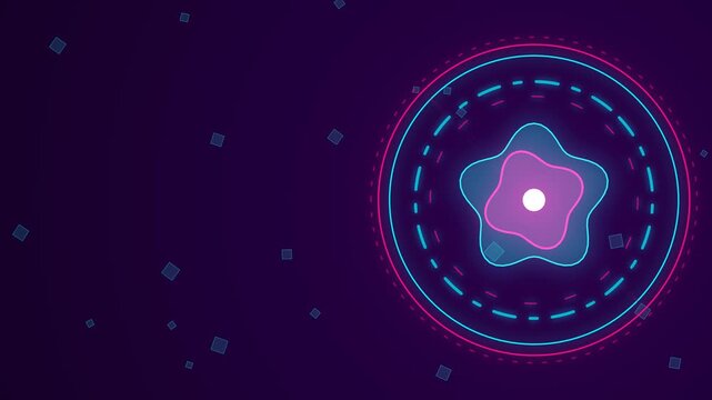 Futuristic cyber technology background featuring a glowing neon atom core HUD with rotating quantum orbits and floating squares, a perfect modern sci-fi presentation loop with copy space