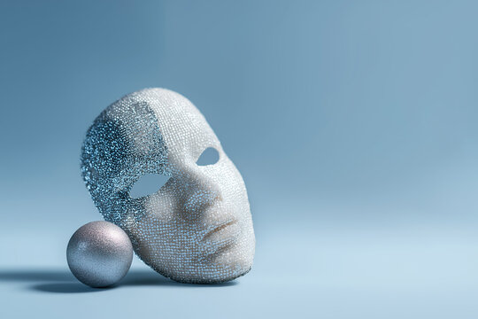White statue face dissolving into particles beside metallic sphere on blue background