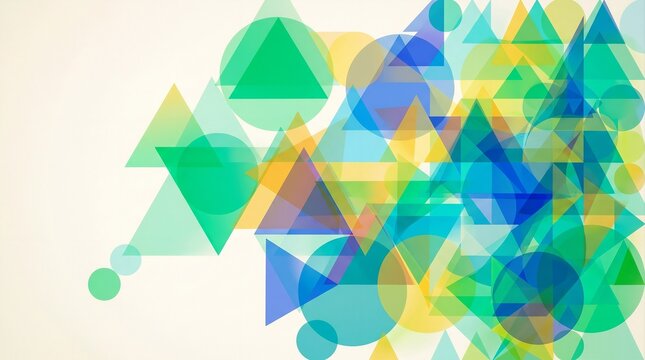 Abstract background of overlapping translucent teal, green, blue, and yellow triangles and circles with clean off-white copy space for modern corporate branding graphic design
