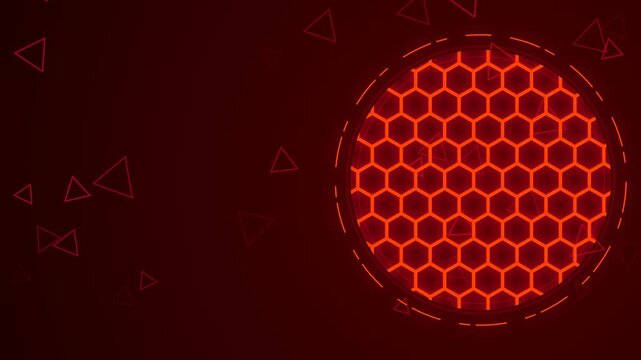Futuristic digital technology background featuring a glowing red HUD circle with hexagon grids and floating triangles, creating a dynamic sci-fi network presentation loop with copy space