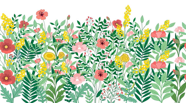 Eine farbenfrohe Vektorillustration eines horizontalen Blumenrandes mit Mohnblumen, gelben und rosa Bl&uuml;ten sowie gr&uuml;nem Laub auf wei&szlig;em Hintergrund, ideal f&uuml;r Fr&uuml;hlings- und Sommerdesigns.