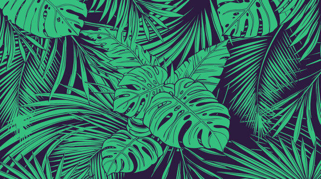 Ein lebhaftes nahtloses Vektormuster aus &uuml;ppigen gr&uuml;nen Monstera- und Palmbl&auml;ttern auf einem dunkellila Hintergrund, ideal f&uuml;r tropische Designs und Dekorationen.