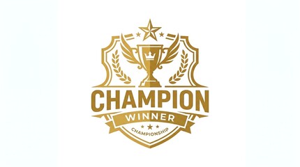 Naklejka premium Golden champion sports logo with a trophy and laurel wreaths on a white background, featuring a star and banner with the word 'CHAMPION' in bold letters, conveying a sense of victory
