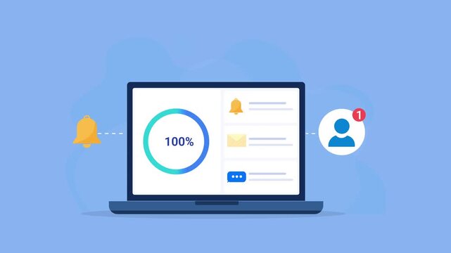 Animated flat vector illustration of a laptop displaying a customer notification dashboard with alerts, user profile, and account status icons. Modern customer engagement, notification management, and
