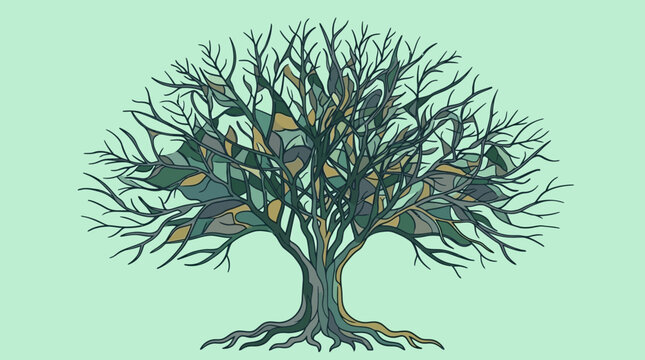 Eine stilisierte digitale Baumillustration mit detaillierten Wurzeln und &Auml;sten, deren Bl&auml;tter ein farbenfrohes Mosaikmuster in Gr&uuml;n-, Blau- und Gelbt&ouml;nen auf einem mintgr&uuml;nen Hintergrund bilden.