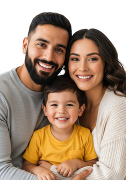 medium close-up of a young hispanic family (father in grey, mother in cream, toddler in yellow) hugging tightly, all smiling genuinely on a white background. concept of deep familial love