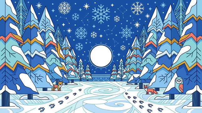 Eine magische, schneebedeckte Winterlandschaft bei Vollmond, mit stilisierten Tannenb&auml;umen, funkelnden Schneeflocken und Tierpfotenabdr&uuml;cken, die durch einen friedlichen Waldweg f&uuml;hren.