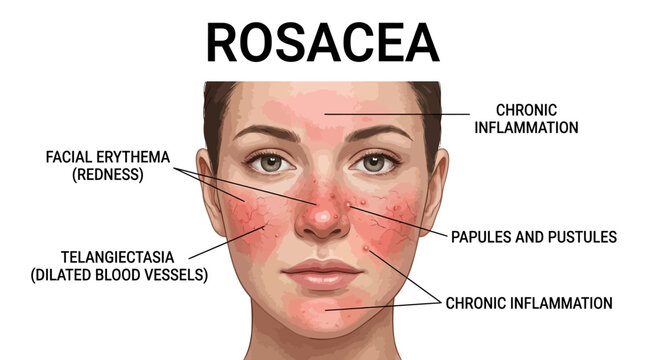 Medical illustration of rosacea showing facial redness, vessels, bumps, and ocular involvement.