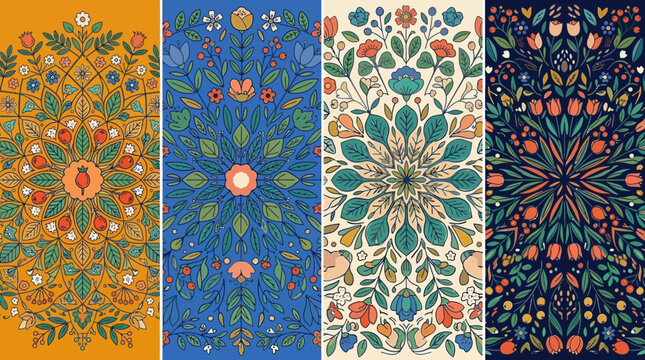 Vier wundersch&ouml;ne vertikale Blumenmuster im dekorativen Mandala-Stil mit komplexen floralen Arrangements und verschiedenen lebendigen Farbschemata f&uuml;r vielseitige Designprojekte.