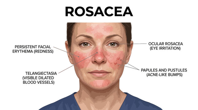 Medical illustration of rosacea showing facial redness, vessels, bumps, and ocular involvement.