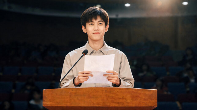 Confident young Asian male student delivering a speech from a wooden podium holding notes while smiling at an audience inside a university auditorium during a school event.