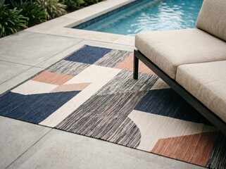 Fototapeta premium modern outdoor rug poolside sofa abstract pattern backyard tiles 