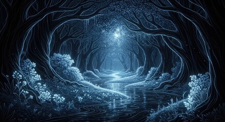 Enchanted glowing blue forest with twisted roots and light. © Gemak