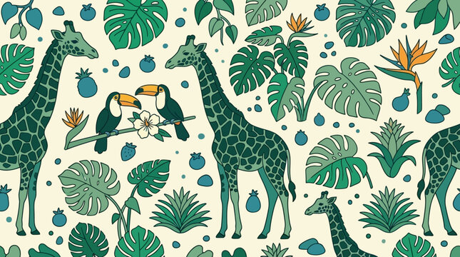 Nahtloses handgezeichnetes Vektormuster mit exotischen Giraffen, farbenfrohen Tukanen und &uuml;ppigen tropischen Bl&auml;ttern auf einem hellen Hintergrund f&uuml;r Kinderzimmer-Tapeten oder Stoffdrucke.