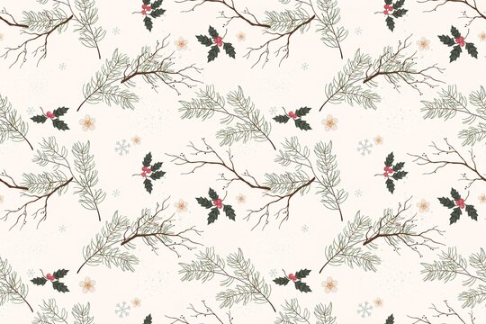 Seamless winter pattern with hand drawn pine branches, holly berries, and snowflakes on a light background, for holiday wrapping paper