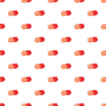 Seamless pattern featuring stylized red lips blowing a light pink bubble of gum on white background