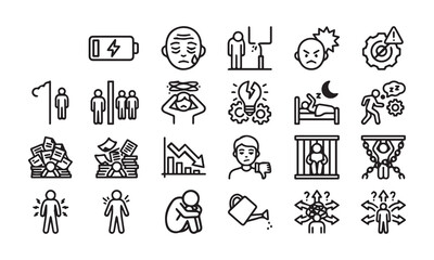 Fototapeta premium Mental health struggle and negative emotion outline icons for psychology analysis.