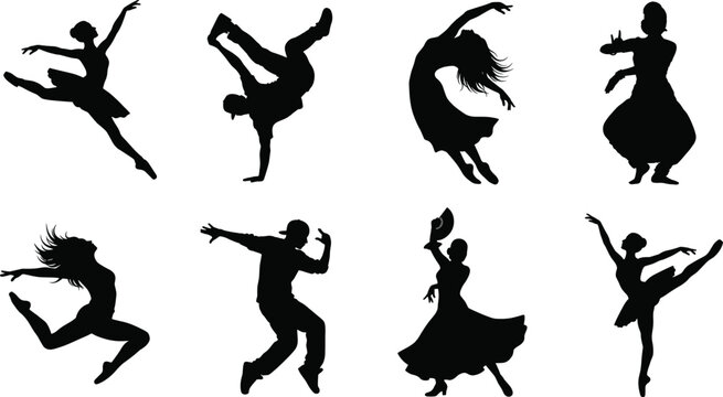 Collection of diverse dancer silhouettes vector set featuring ballet contemporary hip hop and traditional dance styles