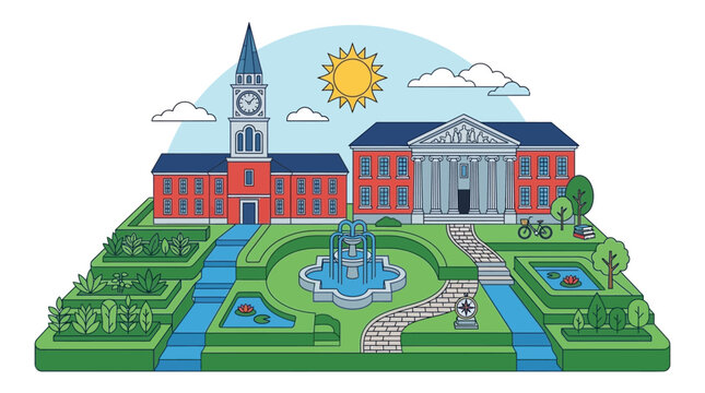 Eine farbenfrohe Vektorillustration eines Universit&auml;ts- oder Hochschulcampus mit einem markanten Uhrturm, einem klassischen Geb&auml;ude, einem malerischen Garten mit Brunnen und gr&uuml;nen Wegen unter einem