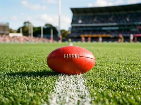 red australian rules football bright green field white lines closeup

