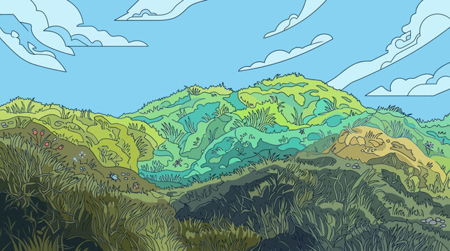 Eine lebendige Vektorillustration einer weitl&auml;ufigen Gebirgslandschaft unter strahlend blauem Himmel mit wei&szlig;en Wolken, die Ruhe und Naturerlebnis ausstrahlt.