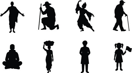 Fototapeta premium Human silhouette collection showing diverse postures, activities, and cultural movements in vector design