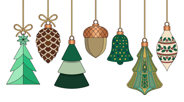 Eine festliche Sammlung von sieben h&auml;ngenden Weihnachtsbaumschmuck-Vektorillustrationen, darunter Tannenbaumformen, Kiefernzapfen, Eicheln und Glocken, auf wei&szlig;em Hintergrund f&uuml;r winterliche
