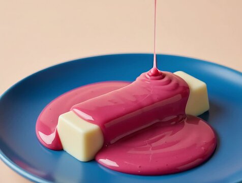 Perfect pour, that pink berry sauce now flows in real time, thick and glossy, coating the white chocolate bar and slowly pooling on the blue plate