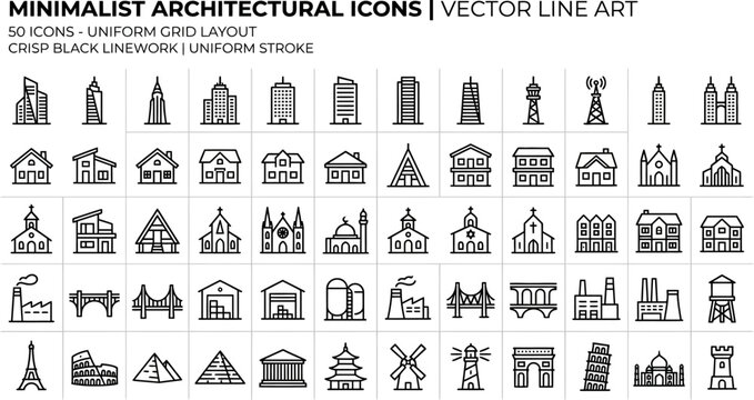 Architectural icons showcase a diverse set of global landmarks, modern skyscrapers, and residential buildings presented in a uniform linear design.