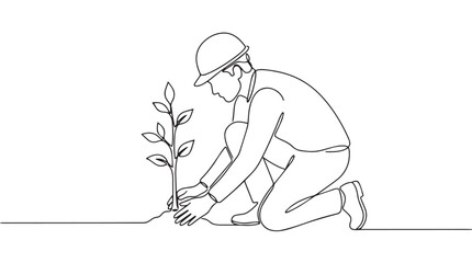 Obraz premium Continuous Line Drawing of a Person Wearing a Hard Hat Planting a Small Tree for Environmental Protection and Sustainability