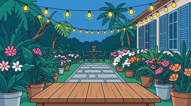 Ein gem&uuml;tlicher tropischer Garten bei Nacht, beleuchtet von Lichterketten &uuml;ber einem Holztisch, umgeben von bunten Blumen, Palmen und einem charmanten Haus mit blauen Fensterl&auml;den, ideal f&uuml;r