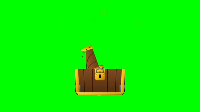 Animated Wooden Treasure Chest Opening with Floating Gold Coins and Gems on Green Screen.