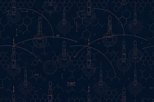 Technical blueprint pattern featuring rocket launch trajectories, orbital mechanics, and hexagonal grid lines on a dark blue background
