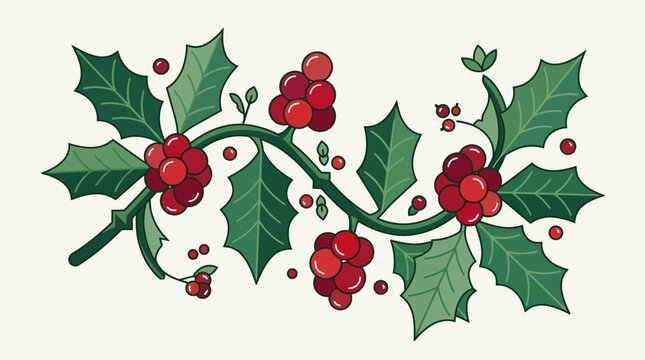Stilisierter Stechpalmenzweig mit leuchtend roten Beeren und gr&uuml;nen Bl&auml;ttern, ideal als festliches Designelement f&uuml;r Weihnachtsgru&szlig;karten und Winterdekorationen.