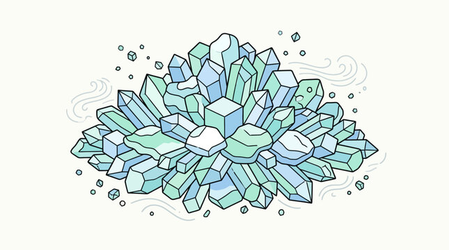 Ein bezaubernder Haufen blaugr&uuml;ner Kristalle und Edelsteine, detailreich illustriert im flachen Stil mit geometrischen Formen und schwebenden Partikeln auf wei&szlig;em Hintergrund.