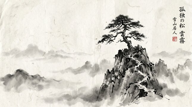 Traditional sumi-e ink painting of a lone pine tree standing on a rocky mountain on transparent background