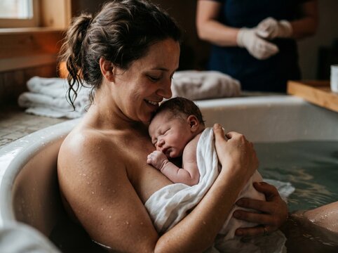 newborn infant resting peacefully on mothers chest post water birth moment
