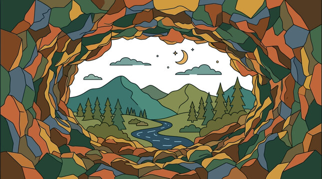 Eine farbenfrohe Vektorillustration zeigt den Blick aus einer H&ouml;hle auf eine malerische Berglandschaft mit Fluss, Nadelb&auml;umen, Halbmond und Sternen bei Nacht.